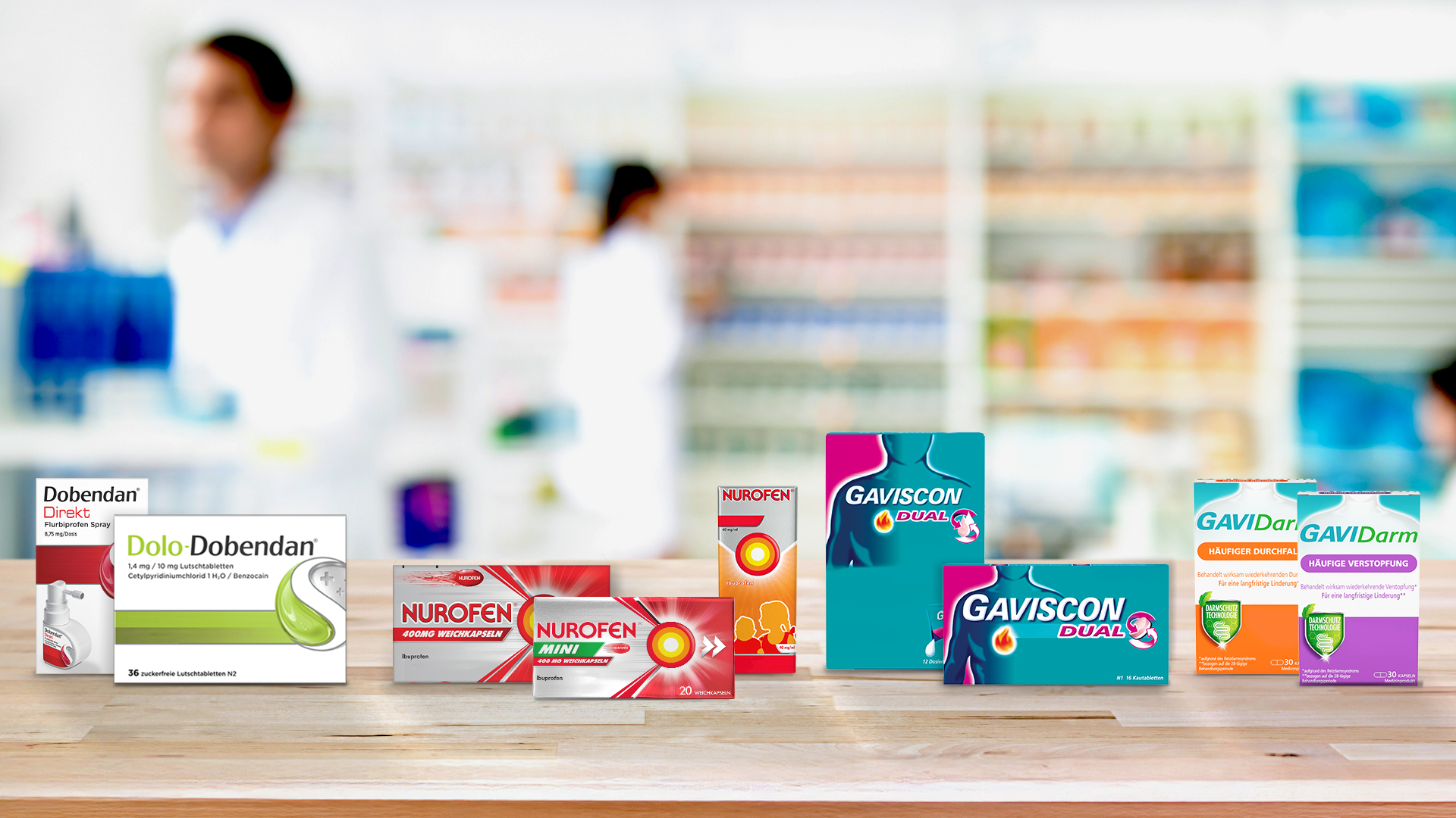 Produktübersicht in einer Apotheke mit Dobendan, Nurofen, Gaviscon und GaviDarm.