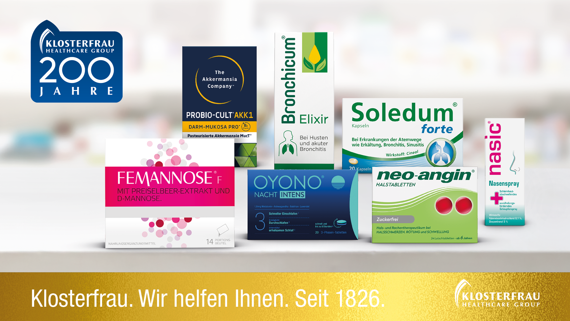 Produktauswahl der Klosterfrau Healthcare Group mit Jubiläumslogo „200 Jahre“ und dem Claim „Wir helfen Ihnen. Seit 1826.“