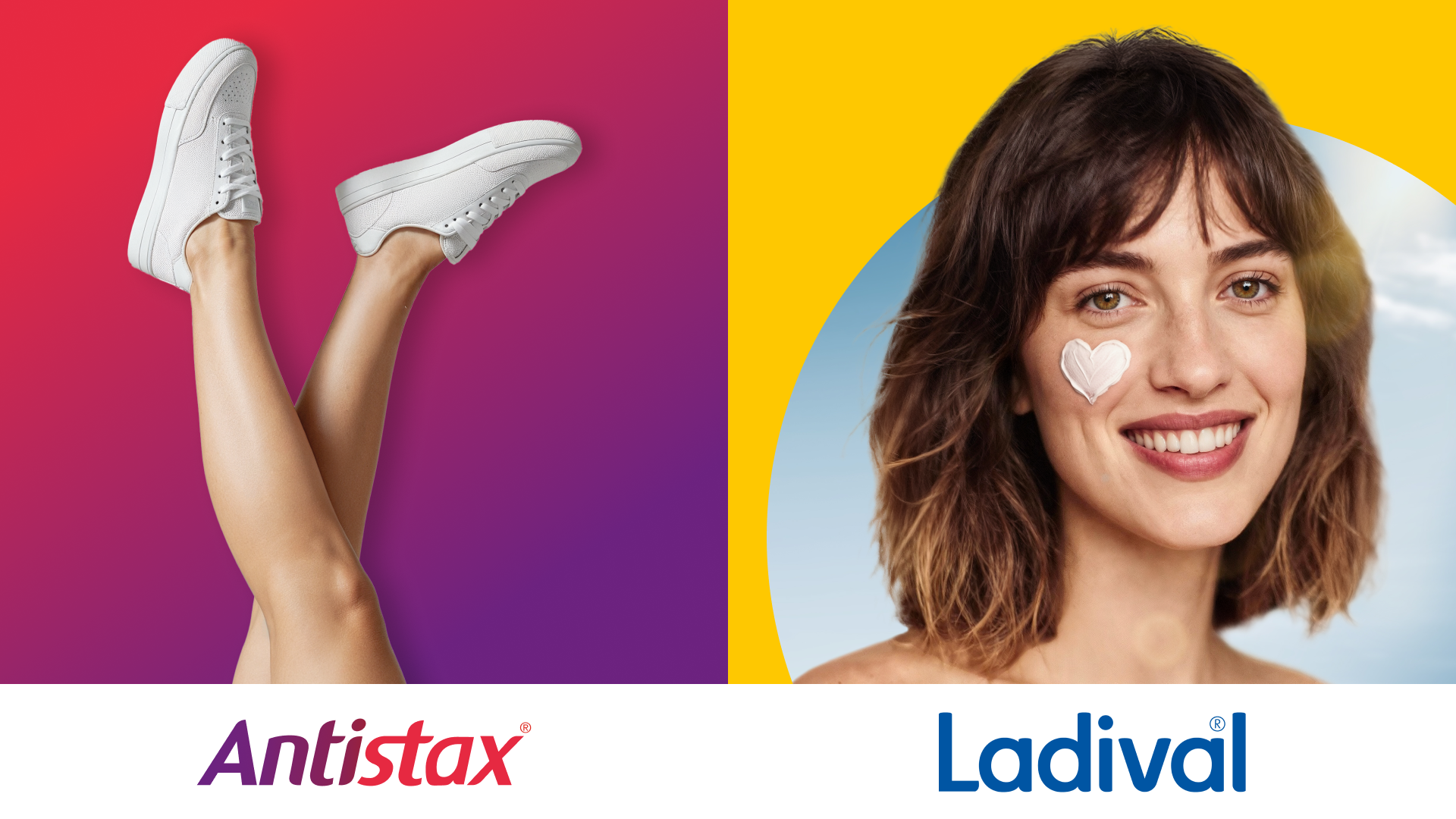 Werbemotiv für Antistax und Ladival: gestreckte Beine mit weißen Sneakern vor farbigem Hintergrund sowie sommerliche Darstellung einer Person vor sonnigem Himmel, kombiniert mit den Markenlogos Antistax und Ladival.