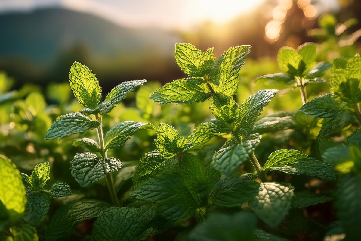 Nahaufnahme frischer grüner Blätter einer Minzpflanze im natürlichen Umfeld, von warmem Sonnenlicht beleuchtet, mit unscharfem Hintergrund und Fokus auf Blattstruktur.