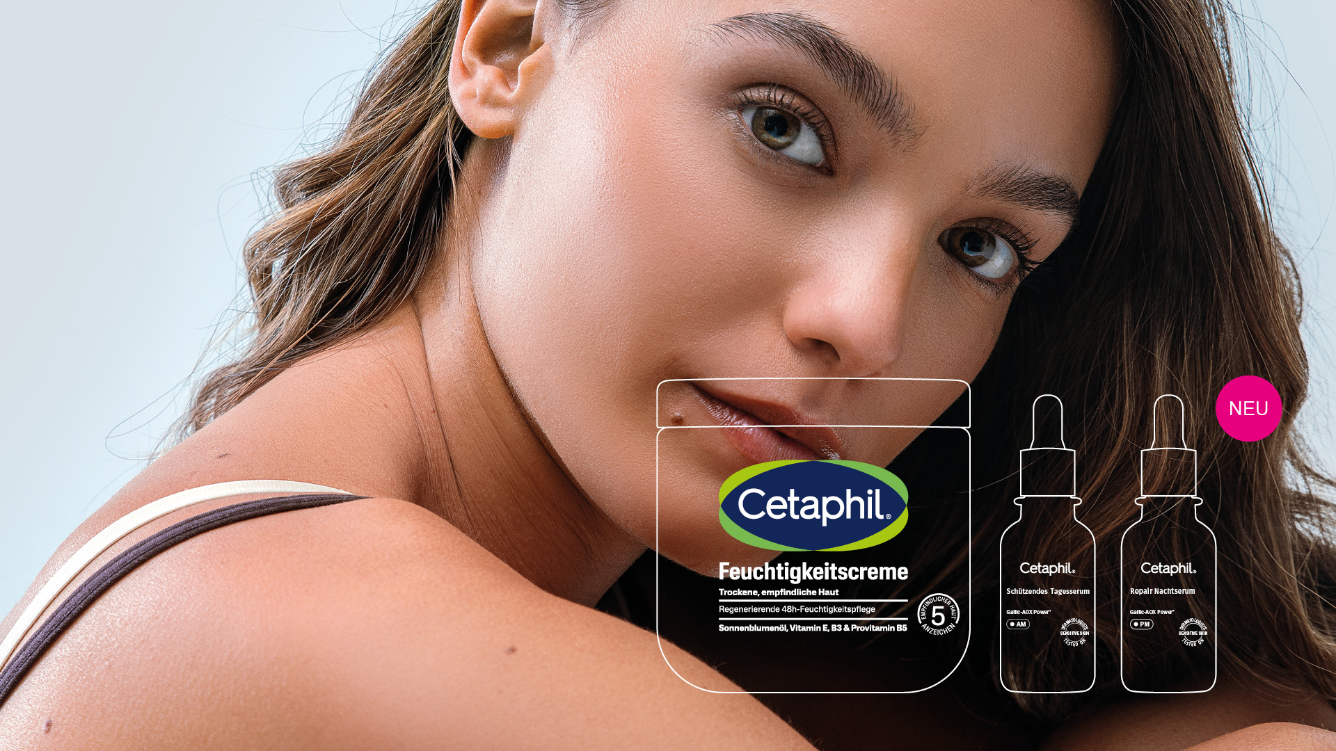 Hero-Motiv mit Model für gesunde, gepflegte Haut sowie ausgewählten Cetaphil Pflegeprodukten als Symbol für dermatologische Hautpflege