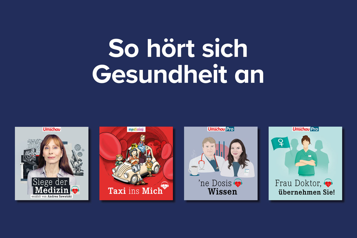 Bild 1: Werbegrafik mit dem Titel „So hört sich Gesundheit an“ und vier Podcast-Covern des Wort & Bild Verlags: „Siege der Medizin“, „Taxi ins Mich“, „’ne Dosis Wissen“ und „Frau Doktor, übernehmen Sie!“ auf dunkelblauem Hintergrund.