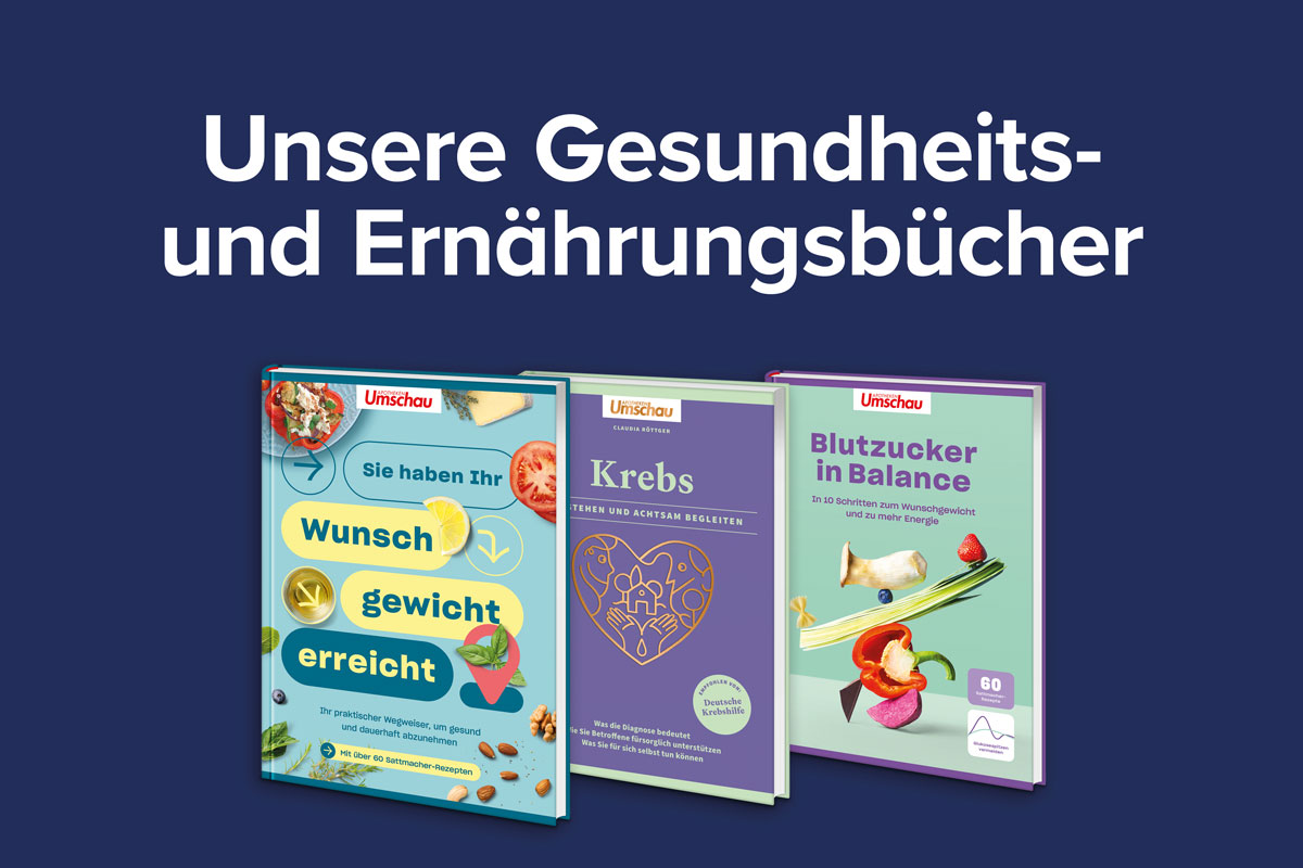 Bild 3: Präsentation von drei Gesundheits- und Ernährungsbüchern mit dem Titel „Unsere Gesundheits- und Ernährungsbücher“: „Sie haben Ihr Wunschgewicht erreicht“, „Krebs – Stärken und Ängsten begegnen“ und „Blutzucker in Balance“.
