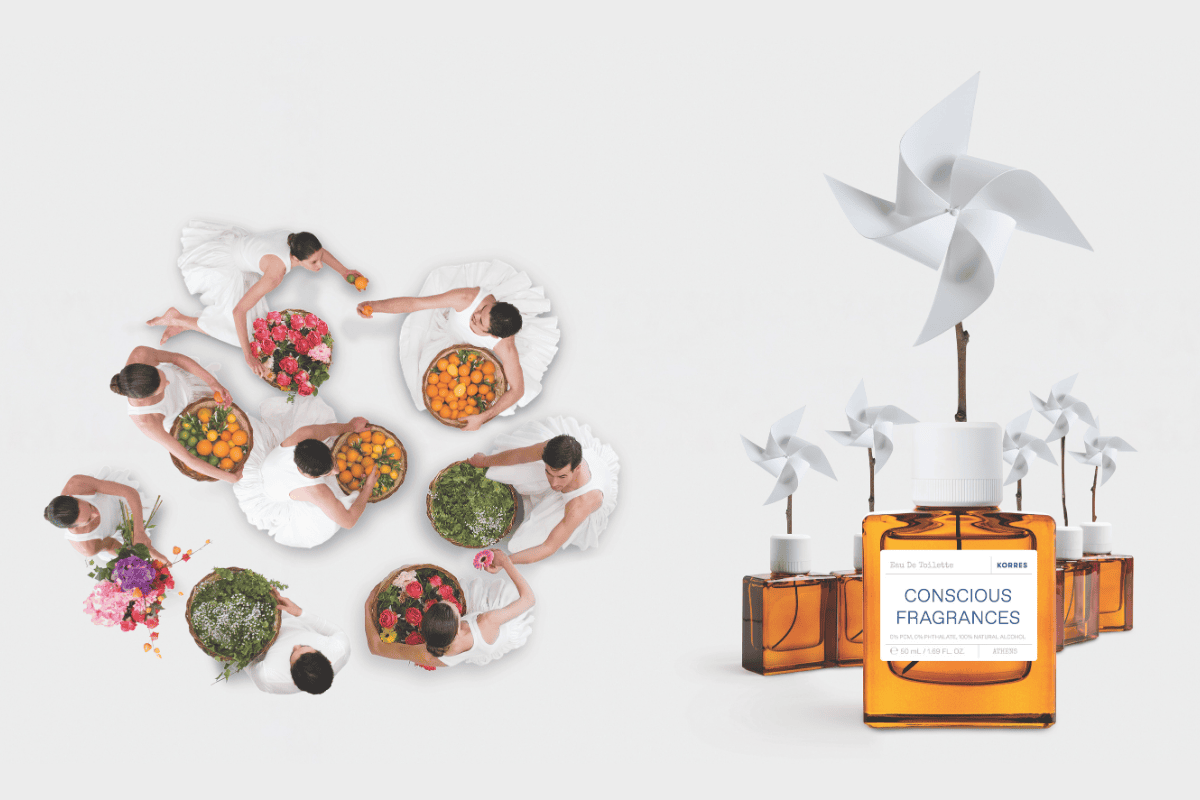 Aus der Vogelperspektive verschiedene Tänzer, die im Kreis tanzen und Körbe vor sich halten, die mit Blumen und Früchten gefüllt sind. Daneben mehrere Glasflakons von Düften und Windräder im Hintergrund.