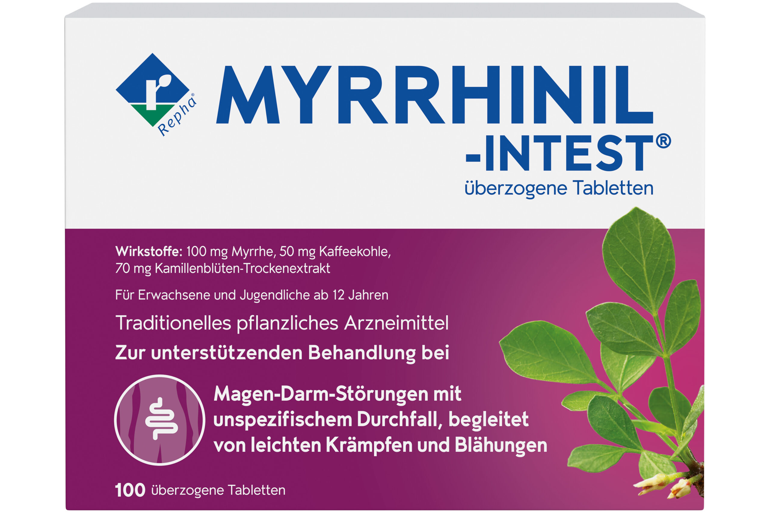 Myrrhinil-Intest – traditionelles pflanzliches Arzneimittel bei Magen-Darm-Störungen mit Durchfall, leichten Krämpfen und Blähungen, 100 überzogene Tabletten.