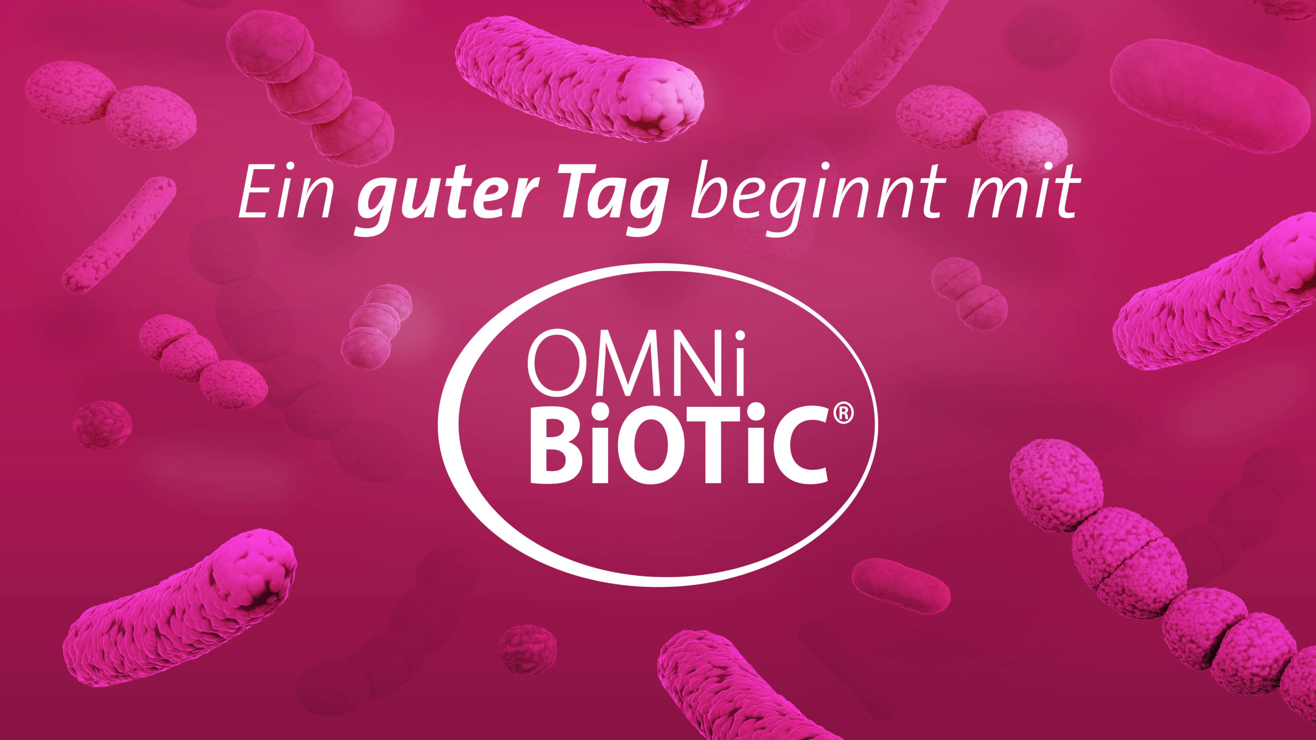 Visualisierung von verschiedenen Bakterienarten mit dem Slogan „Ein guter Tag beginnt mit OMNi-BiOTiC®“ auf pinkem Hintergrund.