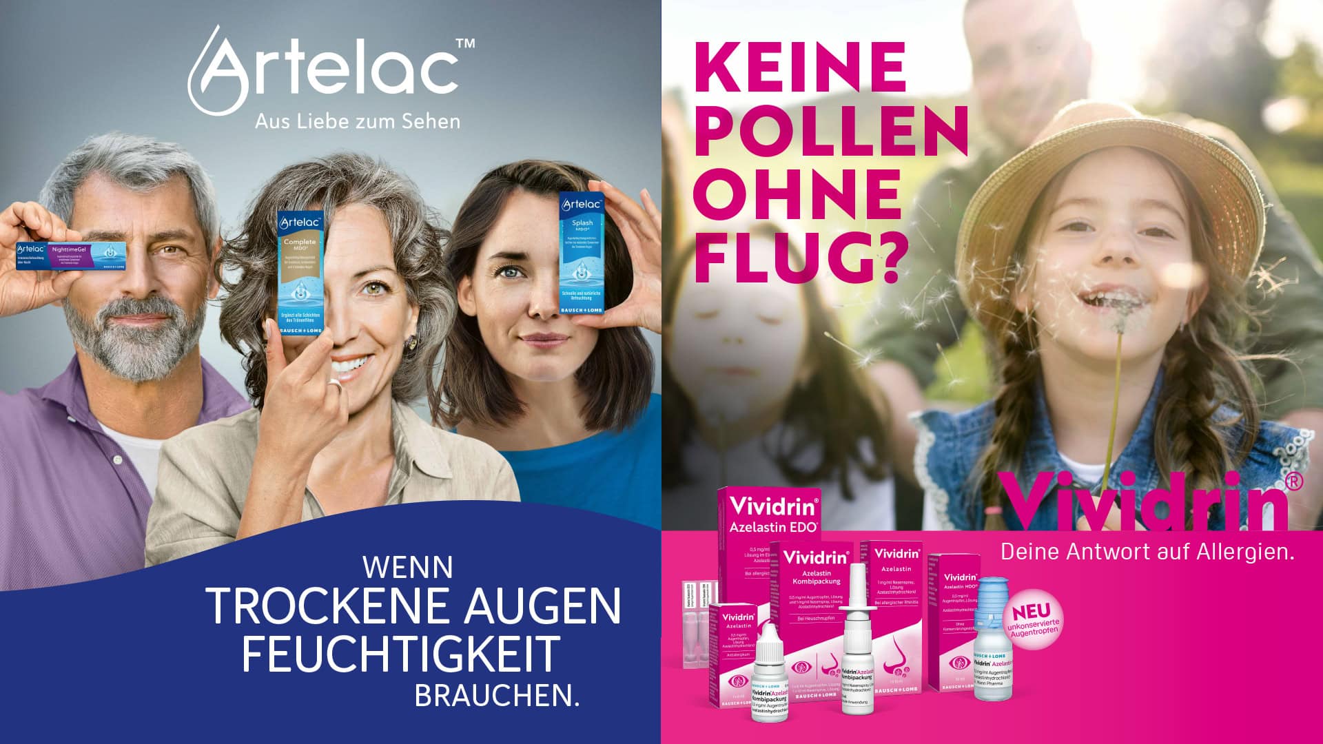Werbebanner für Augenpflegeprodukte: Links Artelac für trockene Augen, rechts Vividrin gegen Allergien.