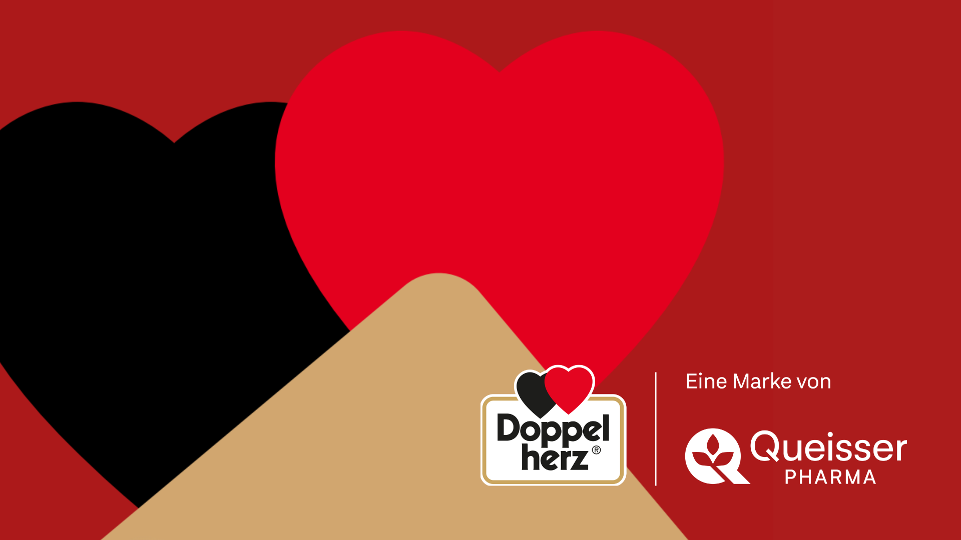 Grafische Herzen in Rot, Schwarz und Beige mit Doppelherz- und Queisser-Pharma-Logo