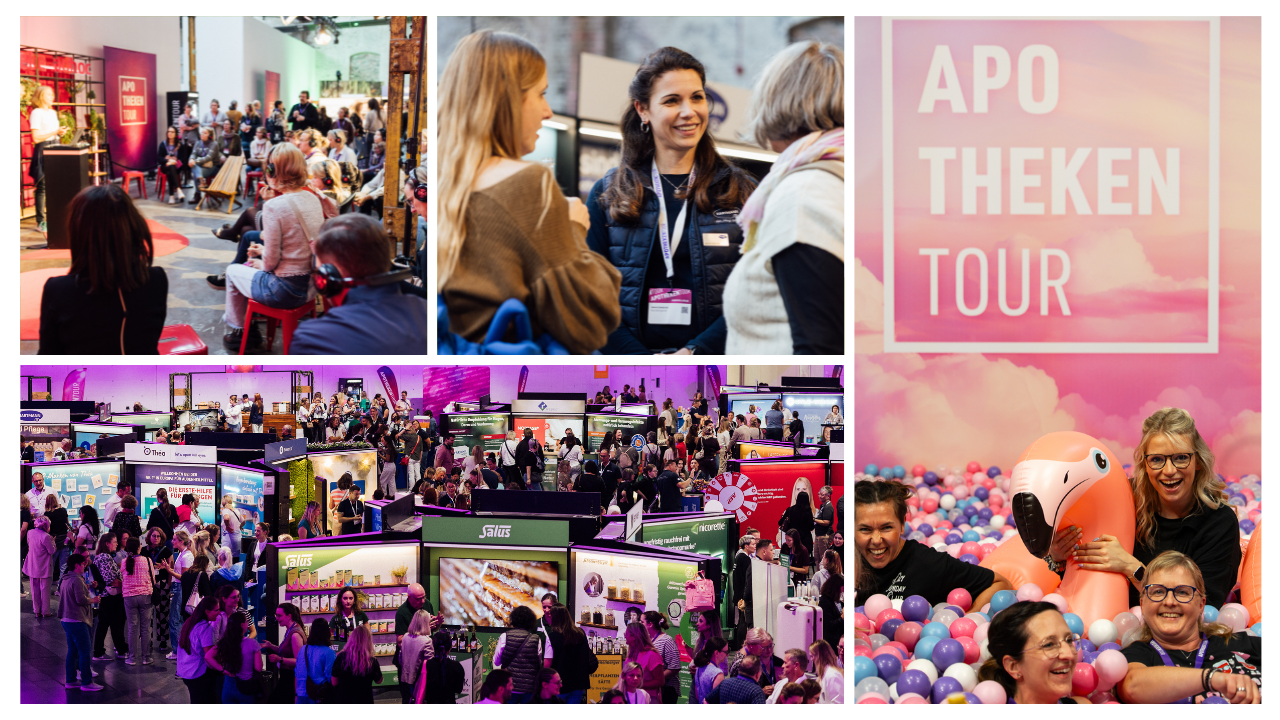 Collage zur APOTHEKENTOUR: Oben links eine Vortragssituation, oben mittig drei Frauen im Gespräch, unten eine volle Messehalle und rechts unten mehrere Teilnehmer:innen in einem Bällebad.