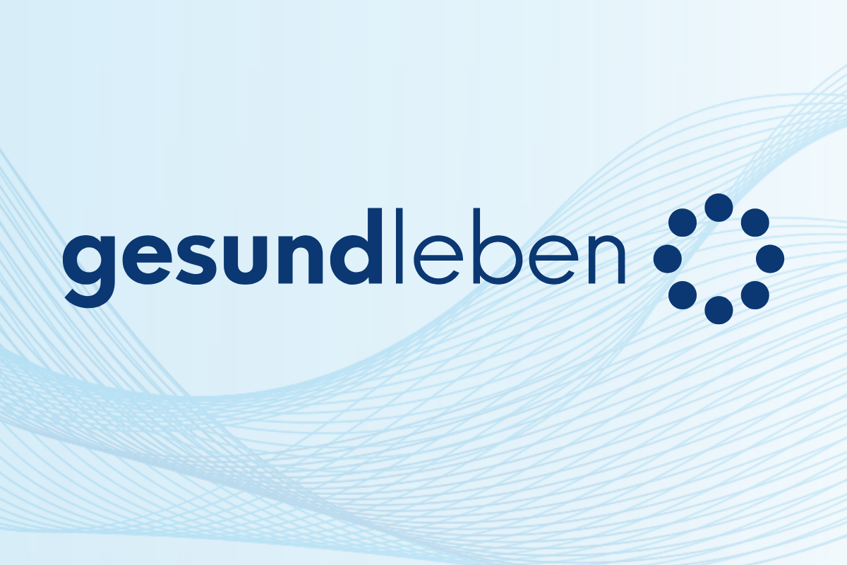 Logo von Gesundleben in dunkelblauer Schrift auf hellblauen Hintergrund mit leichten Wellen.