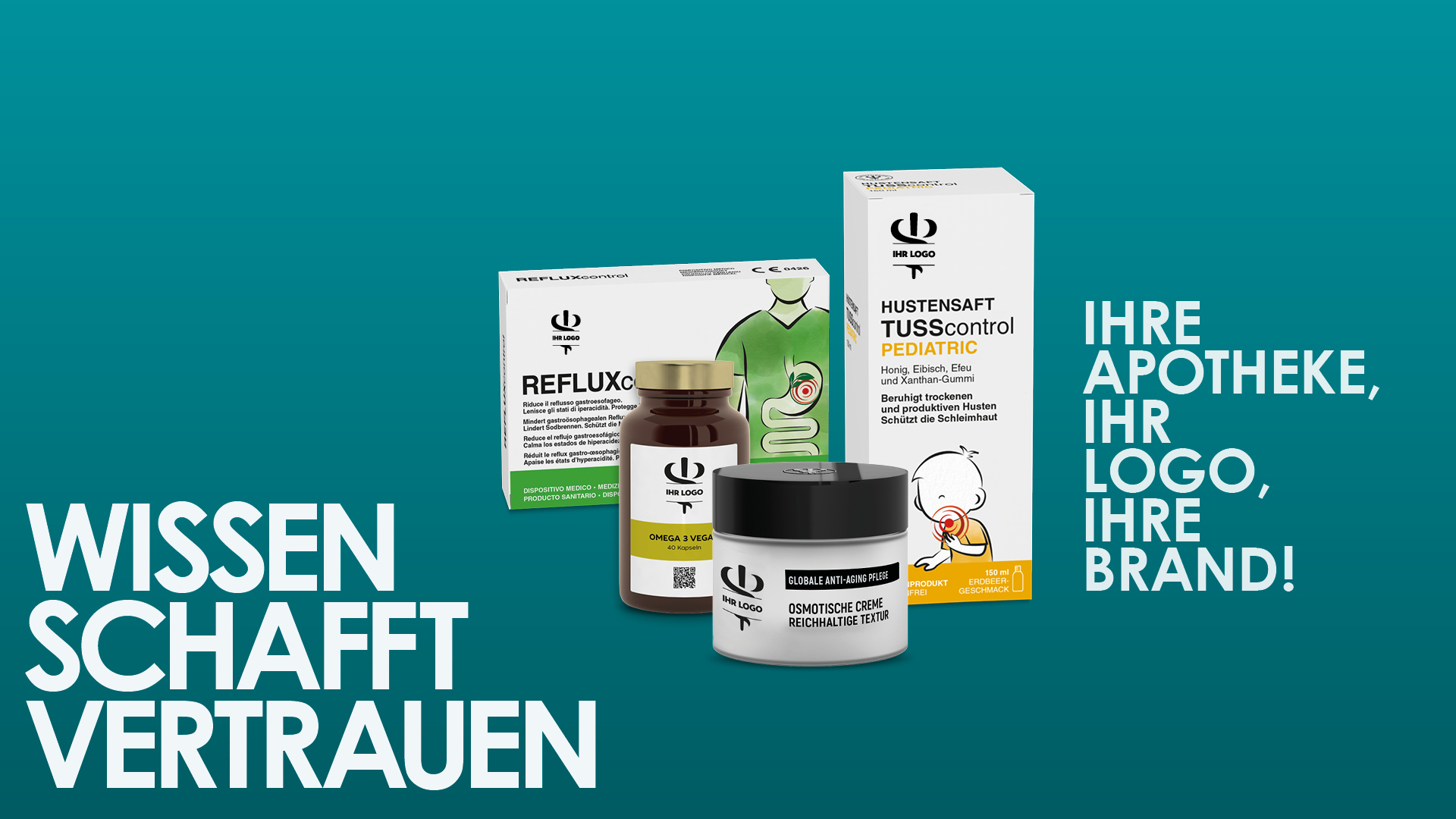 Unifarco‑Header mit Slogan ‚Wissen schafft Vertrauen‘ und Apotheken‑Eigenmarkenprodukten.