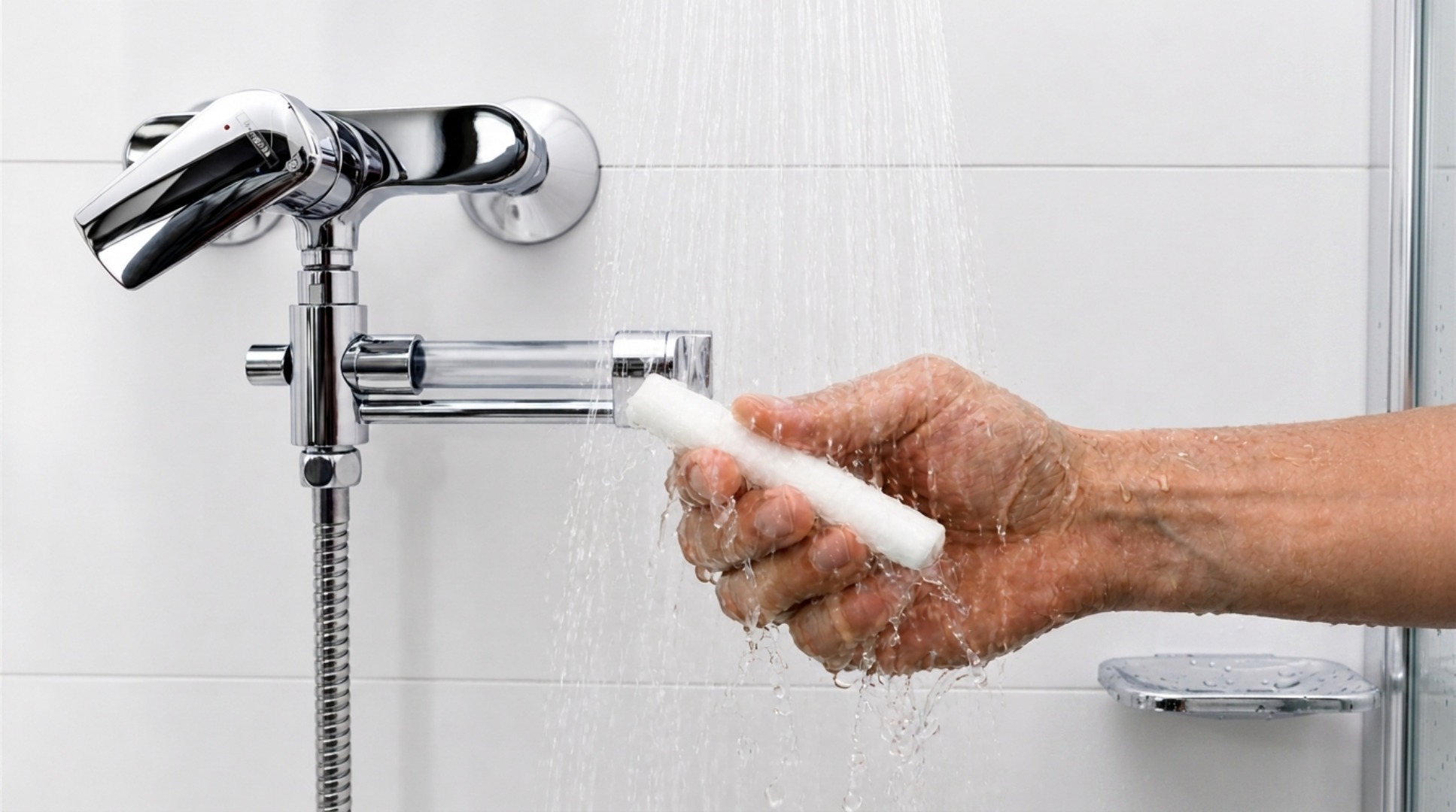 Ein verchromter Duscharmatur-Aufsatz in einer weiß gefliesten Dusche, unter dessen fließendem Wasserstrahl eine Hand ein weißes, stabförmiges Filterelement hält.