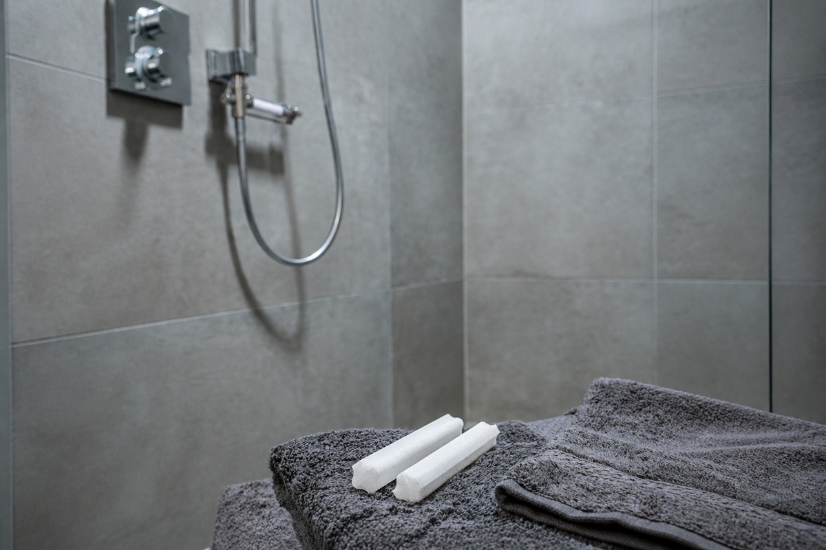 Moderne Dusche mit grauen Wandfliesen, verchromter Duscharmatur und zusammengelegten grauen Handtüchern mit Pflegeprodukten im Vordergrund.