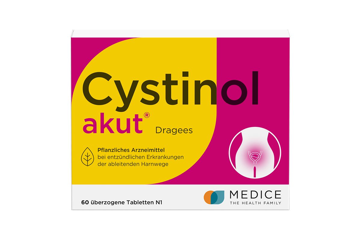 Verpackung von Cystinol akut Dragees von MEDICE, einem pflanzlichen Arzneimittel zur Behandlung entzündlicher Erkrankungen der ableitenden Harnwege; auffälliges Design in Gelb und Pink mit Symbol einer Blase.