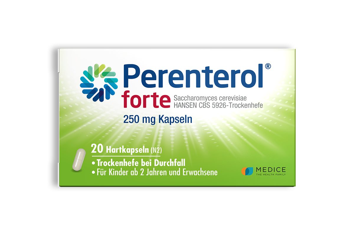 Verpackung von Perenterol forte 250 mg Kapseln von MEDICE, mit dem Wirkstoff Saccharomyces cerevisiae (Trockenhefe); grün-weisses Design, geeignet zur Behandlung von Durchfall bei Kindern ab 2 Jahren und Erwachsenen.
