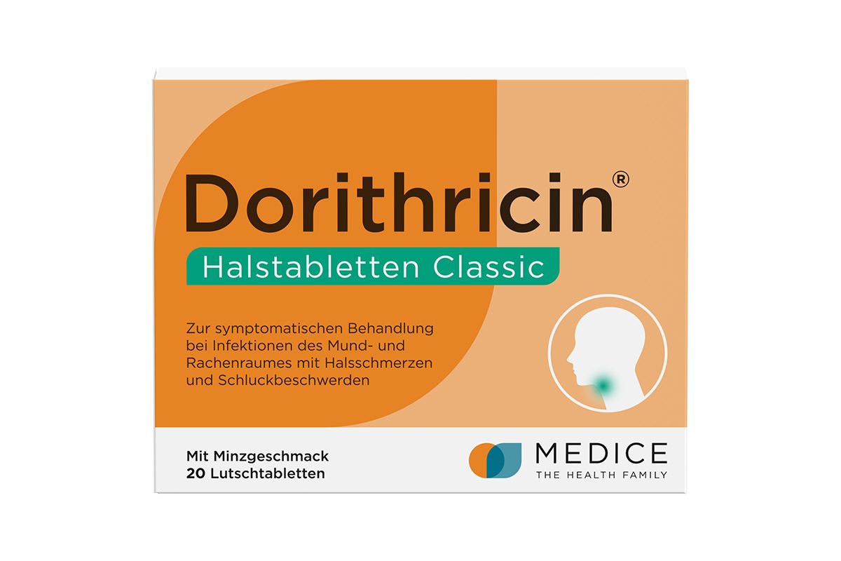 Verpackung von Dorithricin Halstabletten Classic mit Minzgeschmack von MEDICE; orangefarbenes Design, zur symptomatischen Behandlung von Infektionen im Mund- und Rachenraum mit Halsschmerzen und Schluckbeschwerden.