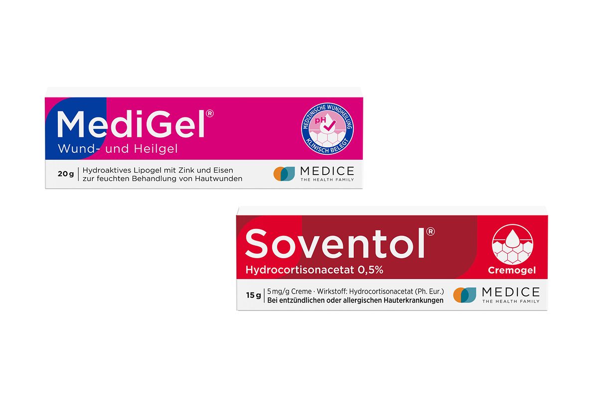 Zwei Arzneimittelverpackungen von MEDICE: MediGel Wund- und Heilgel mit Zink und Eisen zur feuchten Wundbehandlung (pink-blau) und Soventol Creme mit Hydrocortisonacetat 0,5 % gegen entzündliche oder allergische Hauterkrankungen (rot-weiss).