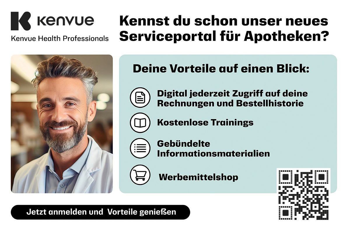 Werbeanzeige für das neue Serviceportal von Kenvue Health Professionals für Apotheken. Links ein unscharfes Porträt einer Person, rechts Text mit Vorteilen des Portals: digitaler Zugriff auf Rechnungen und Bestellhistorie, kostenlose Trainings, gebündelte Informationsmaterialien und Werbemittelshop. Unten rechts ein QR-Code zur Anmeldung. Slogan: Jetzt anmelden und Vorteile genießen