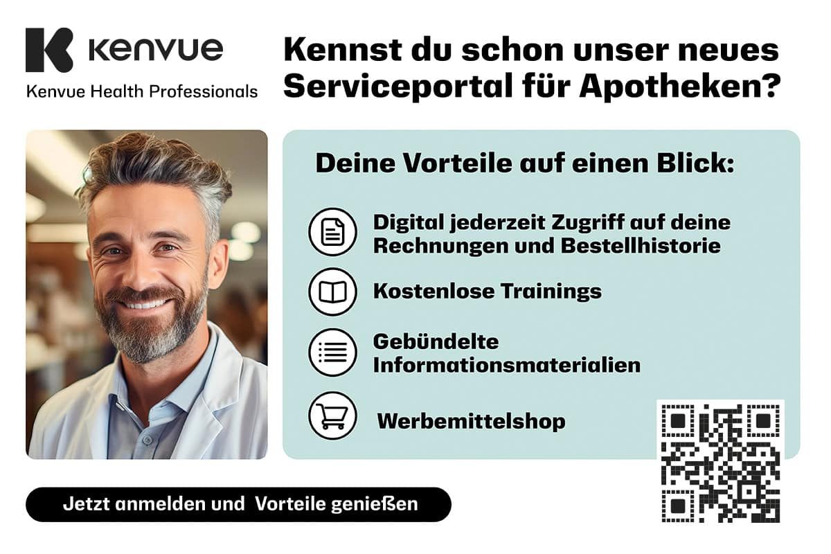 Werbeanzeige für das neue Serviceportal von Kenvue Health Professionals für Apotheken. Links ein unscharfes Porträt einer Person, rechts Text mit Vorteilen des Portals: digitaler Zugriff auf Rechnungen und Bestellhistorie, kostenlose Trainings, gebündelte Informationsmaterialien und Werbemittelshop. Unten rechts ein QR-Code zur Anmeldung. Slogan: Jetzt anmelden und Vorteile genießen